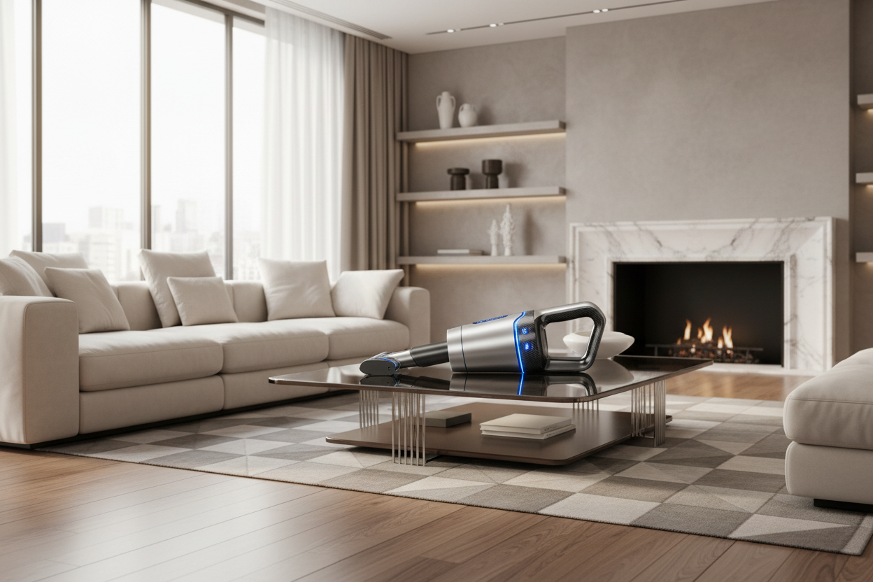 Aspiradora portátil en sala de estar lujosa - Fotografía profesional